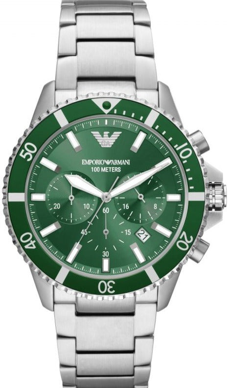 Emporio Armani Diver Chronograph Green Dial Silver Steel Strap Watch F