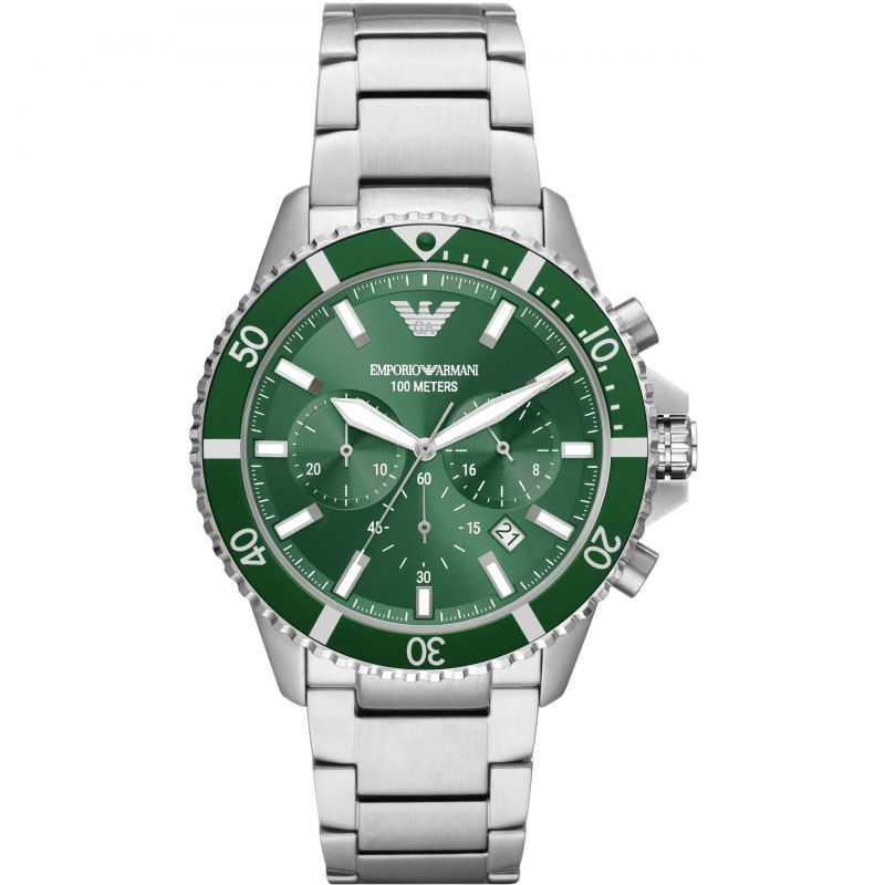 Emporio Armani Diver Chronograph Green Dial Silver Steel Strap Watch F