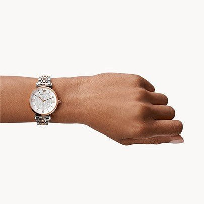 Emporio Armani Gianni T Bar White Dial Two Tone Steel Strap Watch