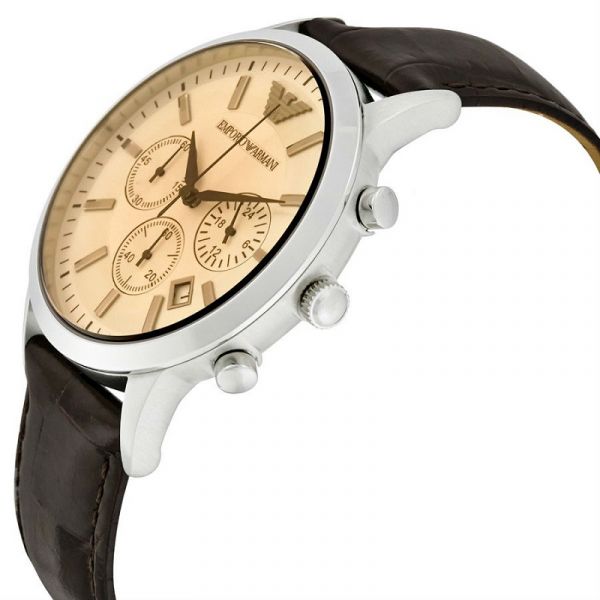 Emporio Armani Classic Chronograph Beige Dial Brown Leather Strap