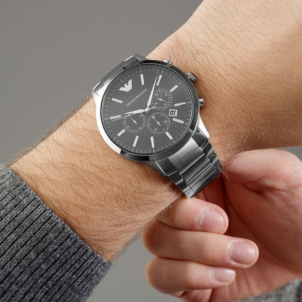 Emporio Armani Sportivo Chronograph Black Dial Silver Steel Strap