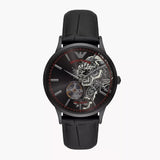 Emporio Armani Meccanico Skeleton Black Dial Black Leather Strap Watch For Men - AR60046