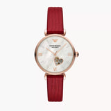 Emporio Armani Gianni T-Bar Mother of Pearl White Dial Red Leather Strap Watch For Women - AR60048