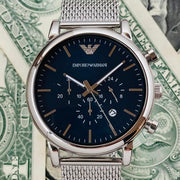 Emporio Armani Luigi Chronograph Blue Dial Silver Mesh Bracelet Watch For Men - AR80038