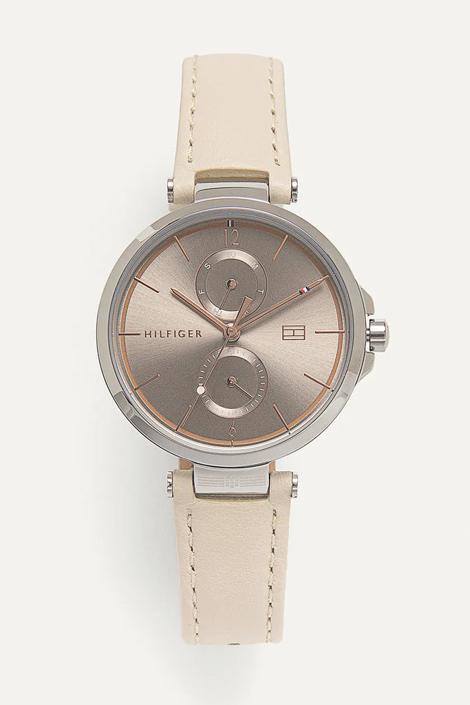 Tommy Hilfiger Angela Damenuhr mit silbernem Zifferblatt und cremefarbenem Lederarmband