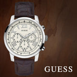 Guess Horizon Chronograph White Dial Brown Leather Strap Watch For Men - W0380G2