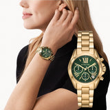 Michael Kors Bradshaw Chronograph Green Dial Gold Steel Strap Watch For Women - MK7257