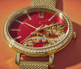 Fossil Jacqueline Dragonsteel Limited Edition Red Dial Gold Mesh Strap Watch for Women - ES5316