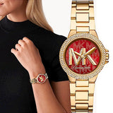 Michael Kors Camille Analog Red Dial Gold Steel Strap Watch For Women - MK7196