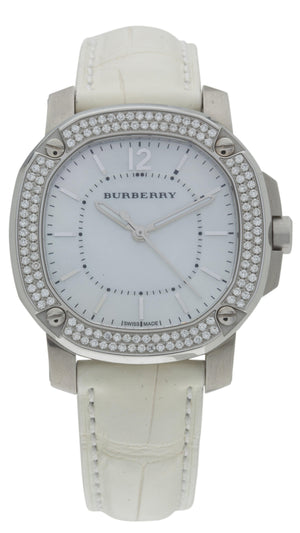 Burberry The Britain Diamonds Mother of Pearl Dial White Leather Strap Watch for Women - BBY1800