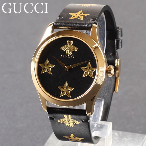 Gucci G Timeless Bee Motif Black Dial Black Leather Strap Watch