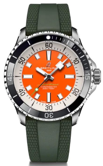 Breitling Superocean Automatic 42mm Kelly Slater Limited Edition Orange Dial Green Rubber Strap Watch for Men - A173751A101S1