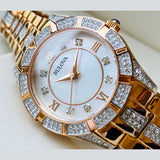 Bulova Crystal Mother of Pearl Dial Rose Gold Steel Strap Watch for Women - 98L197