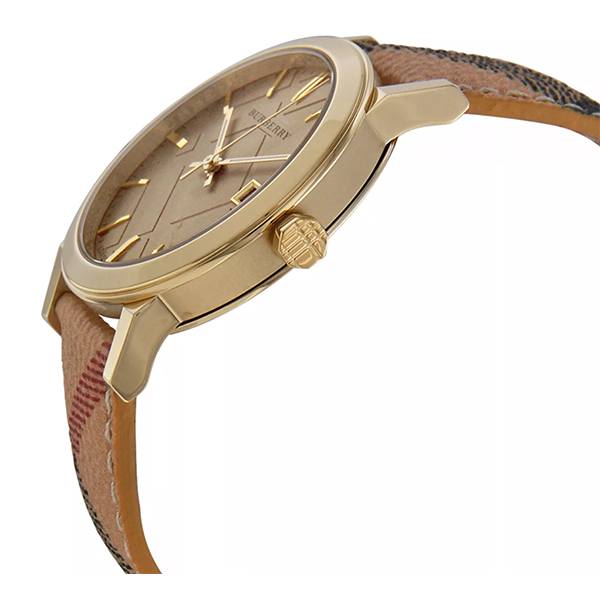 Burberry The City Gold Dial Haymarket Brown Leather Strap Watch for Wo