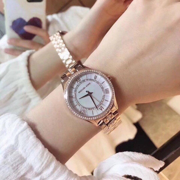 Mother Pearl for Watch Gold Dial Women Lauryn of Strap Kors Michael Steel Rose