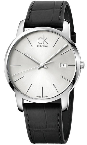 Calvin Klein City Date Silver Dial Black Leather Strap Watch for Men - K2G2G1C6