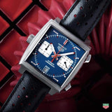 Tag Heuer Monaco Automatic Chronograph Blue Dial Black Leather Strap Watch for Men - CAW211P.FC6356