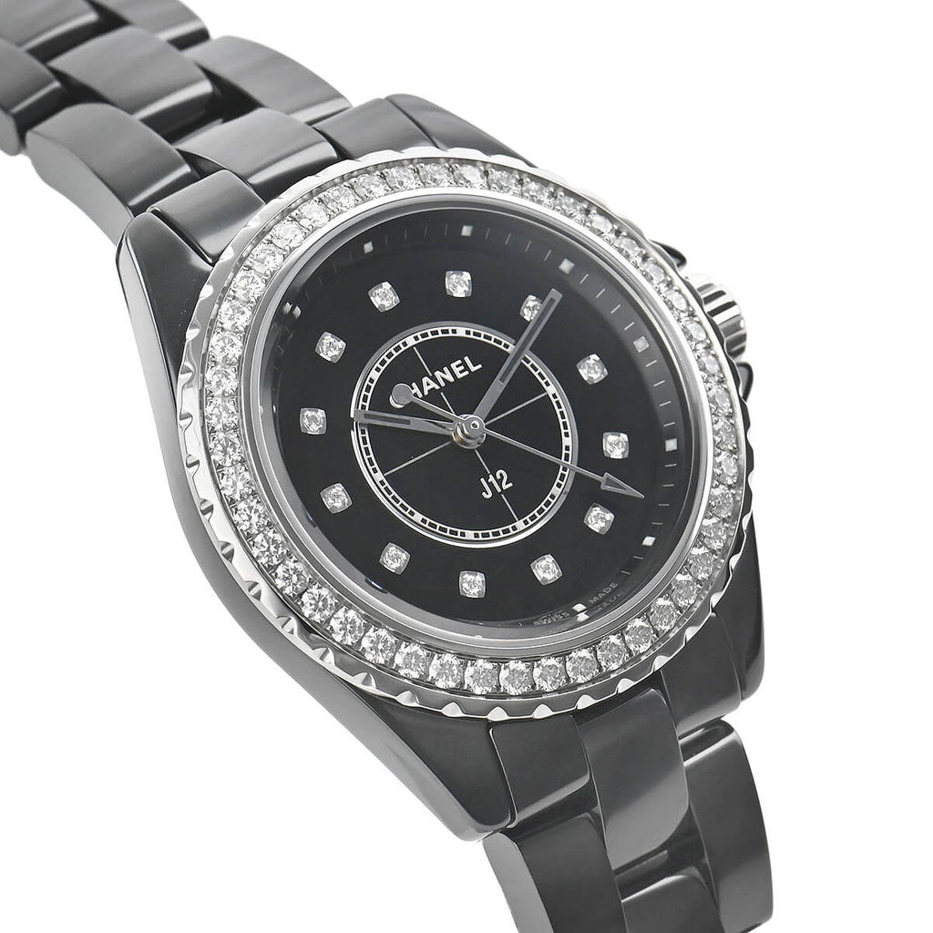 Chanel J12 Quartz Diamond Black Dial Black Steel Strap Watch for Women Watch  for Women