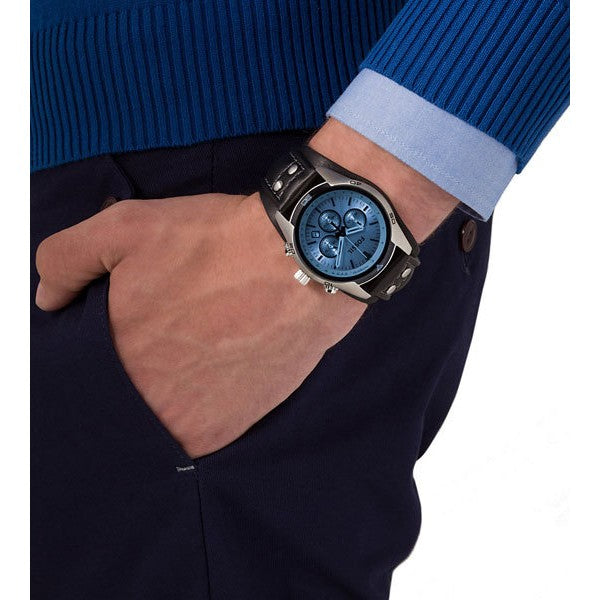 Strap Coachman Chronograph Men for Blue Fossil Dial Watch Black Leather