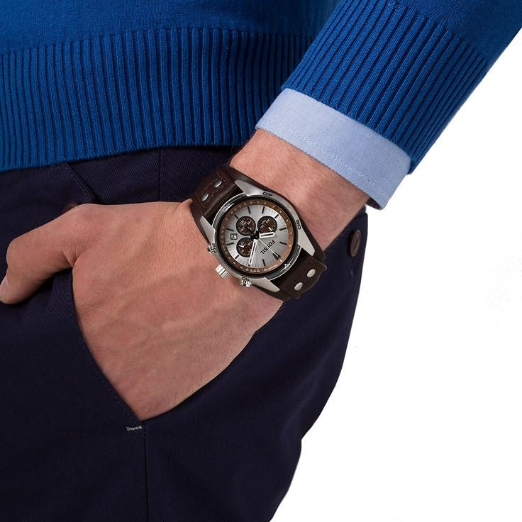Fossil Coachman Chronograph mit silbernem Zifferblatt und braunem