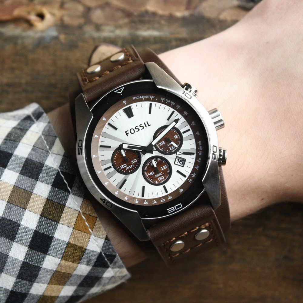 Fossil Coachman Chronograph Silver Dial Brown Leather Strap Watch for Men