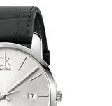 Calvin Klein City Date Silver Dial Black Leather Strap Watch for Men - K2G2G1C6