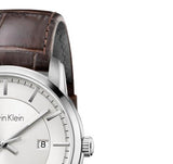 Calvin Klein Infinity Silver Dial Brown Leather Strap Watch for Men - K5S341G6