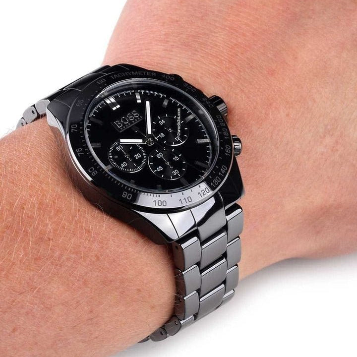 Hugo Boss Ikon Chronograph Black Dial Black Steel Strap Watch for Men