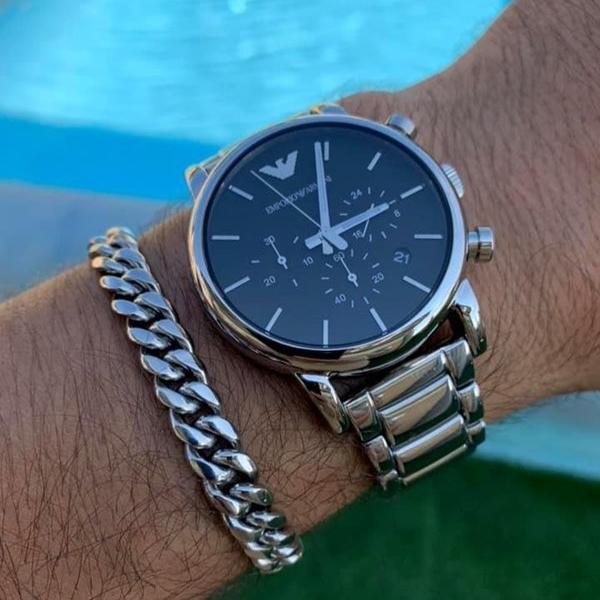 Emporio Armani Luigi Black Dial Silver Steel Strap Watch For Men