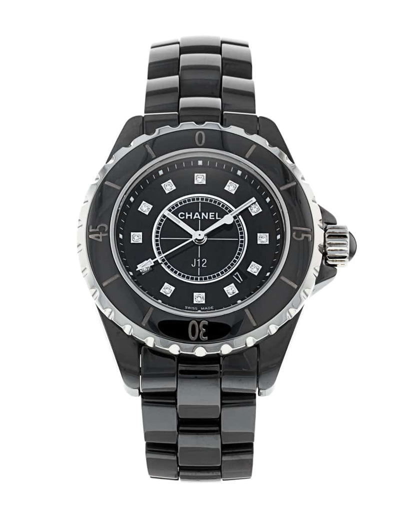 Chanel J12 Quartz Diamonds Black Dial Black Steel Strap Watch for 