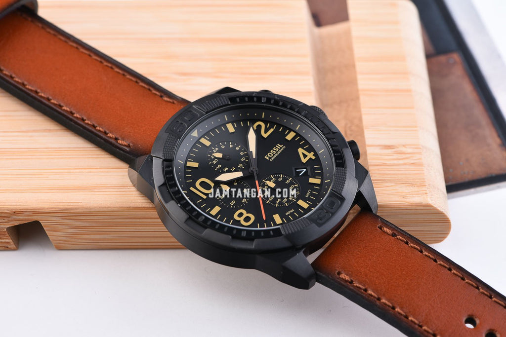 Watch Leather Strap Men Fossil for Dial Black Brown Bronson