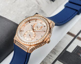 Guess Multifunction Crystals Rose Gold Dial Blue Rubber Strap Watch For Women - GW0439L4