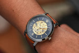 Fossil Neutra Automatic Luggage Skeleton Blue Dial Brown Leather Strap Watch for Men - ME3160