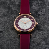Emporio Armani Gianni T Bar Crystals Maroon Dial Maroon Leather Strap Watch for Women - AR11487