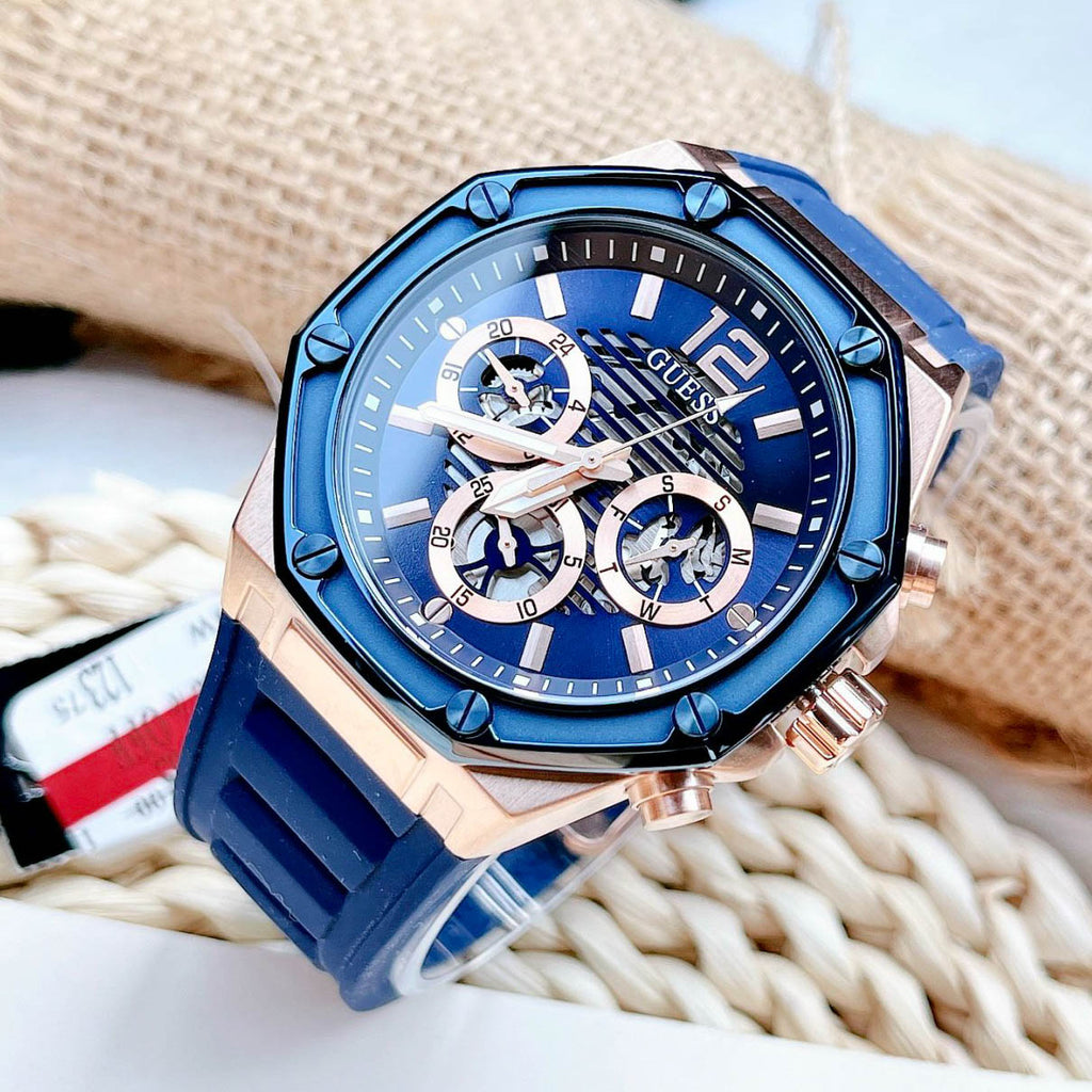 Momentum Watch Men Dial Guess Blue Blue Rubber for Strap Chronograph