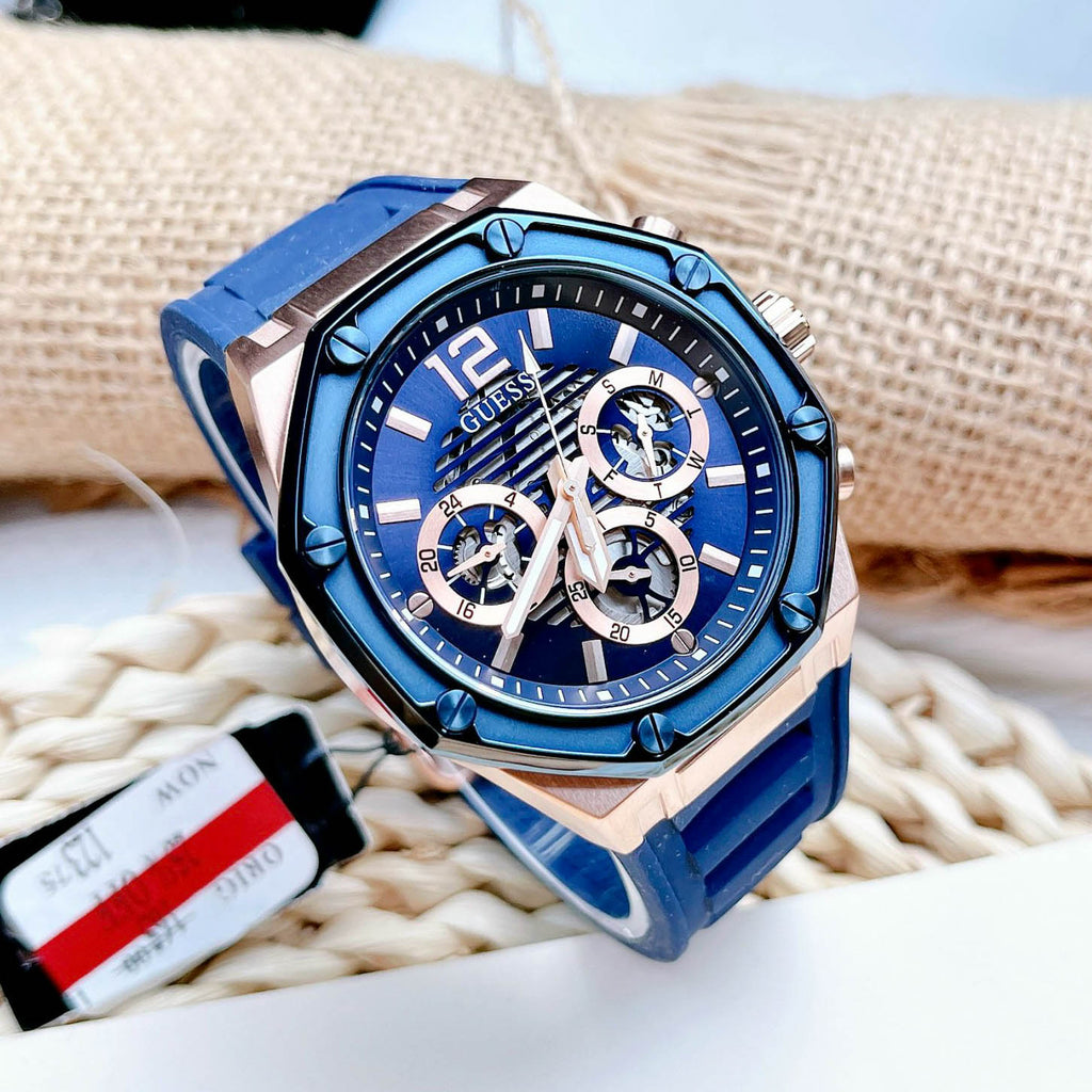 Blue Blue Chronograph Strap Guess Watch Men for Rubber Momentum Dial