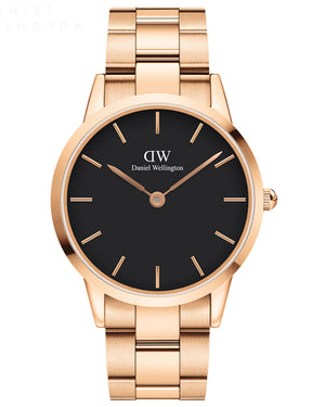 Daniel Wellington Iconic Link Black Dial Rose Gold Steel Strap Watch For Men - DW00100344