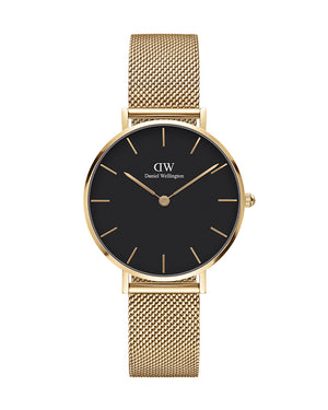 Daniel Wellington Classic Petite Black Dial Gold Mesh Bracelet Watch For Women - DW00100347