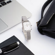 Daniel Wellington Quadro Sterling White Dial Silver Mesh Strap Watch For Women - DW00100438