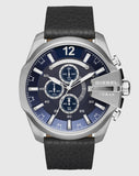 Diesel Mega Chief Chronograph Blue Dial Black Leather Strap Watch For Men - DZ4423