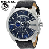 Diesel Mega Chief Chronograph Blue Dial Black Leather Strap Watch For Men - DZ4423
