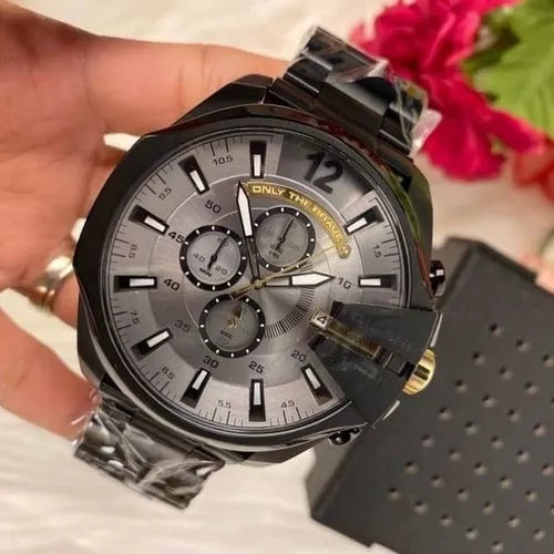 Diesel Mega Chief Chronograph Grey Dial Black Steel Strap Watch For Men