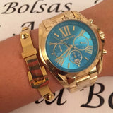 Michael Kors Bradshaw Chronograph Blue Dial Gold Steel Strap Watch For Women - MK5975