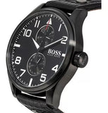 Hugo Boss Aeroliner Chronograph Black Dial Black Leather Strap Watch For Men - 1513086