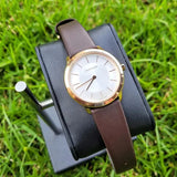 Calvin Klein Minimal White Dial Brown Leather Strap Watch for Women - K3M226G6