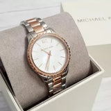 Michael Kors Layton Three Hand Mother of Pearl White Dial Two Tone Steel Strap Watch For Women - MK6849