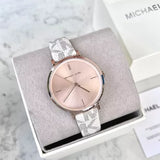 Michael Kors Jayne Three Hand Rose Gold Dial White Leather Strap Watch For Women - MK7128