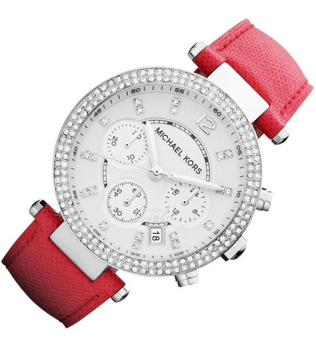 Michael Kors Parker Silver Dial Red Leather Strap Watch for Women - MK2278