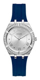 Guess Cosmo Diamonds Silver Dial Blue Rubber Strap Watch for Women - GW0034L5