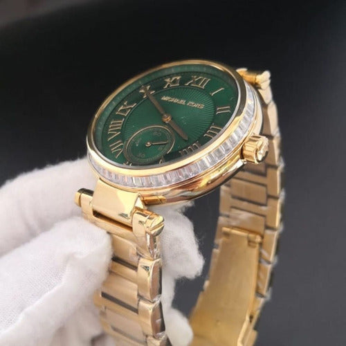 Michael Kors Skylar Green Dial Gold Steel Strap Watch for Women - MK6065